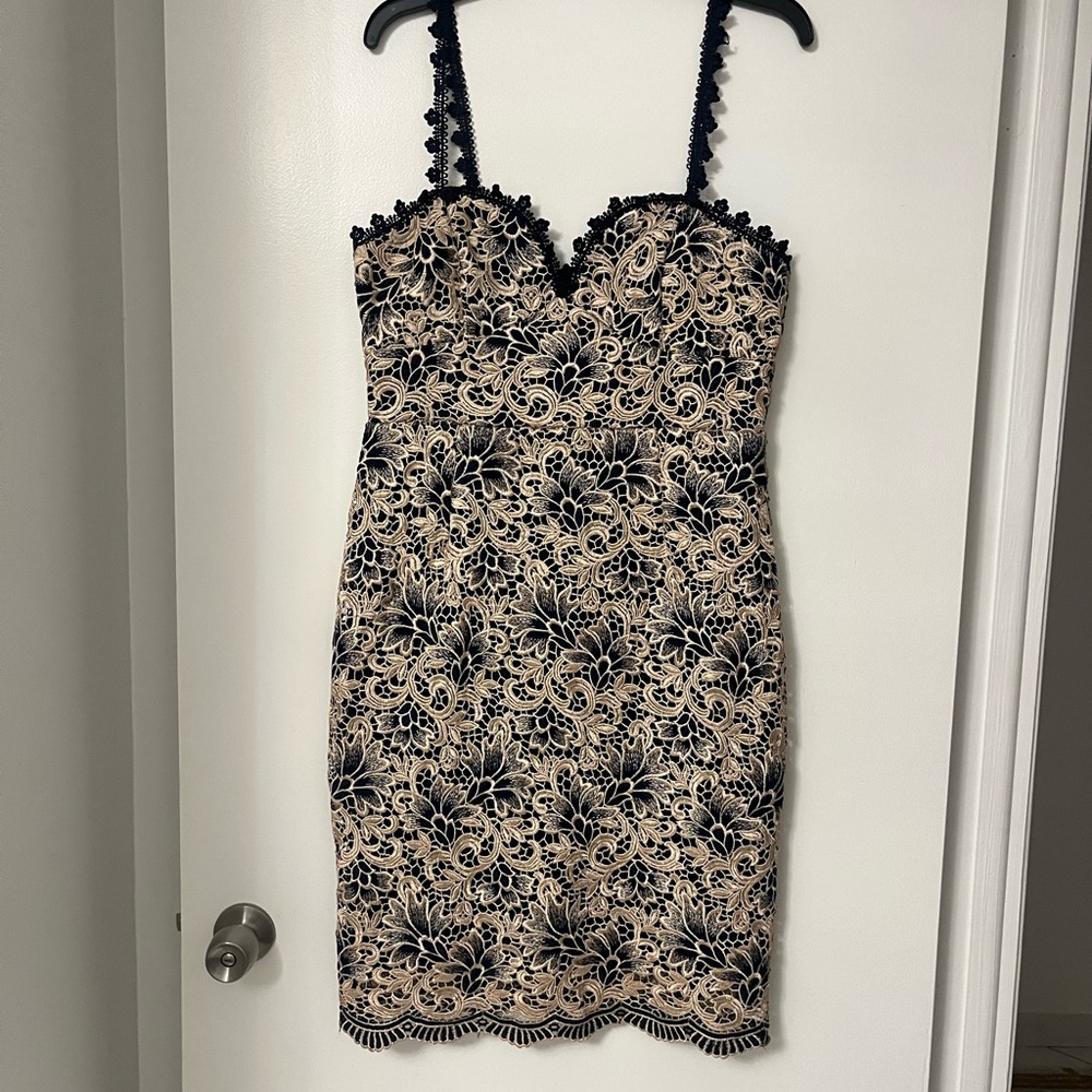 Lulu's Blue Sleeveless Dress with Black and Gold Accents